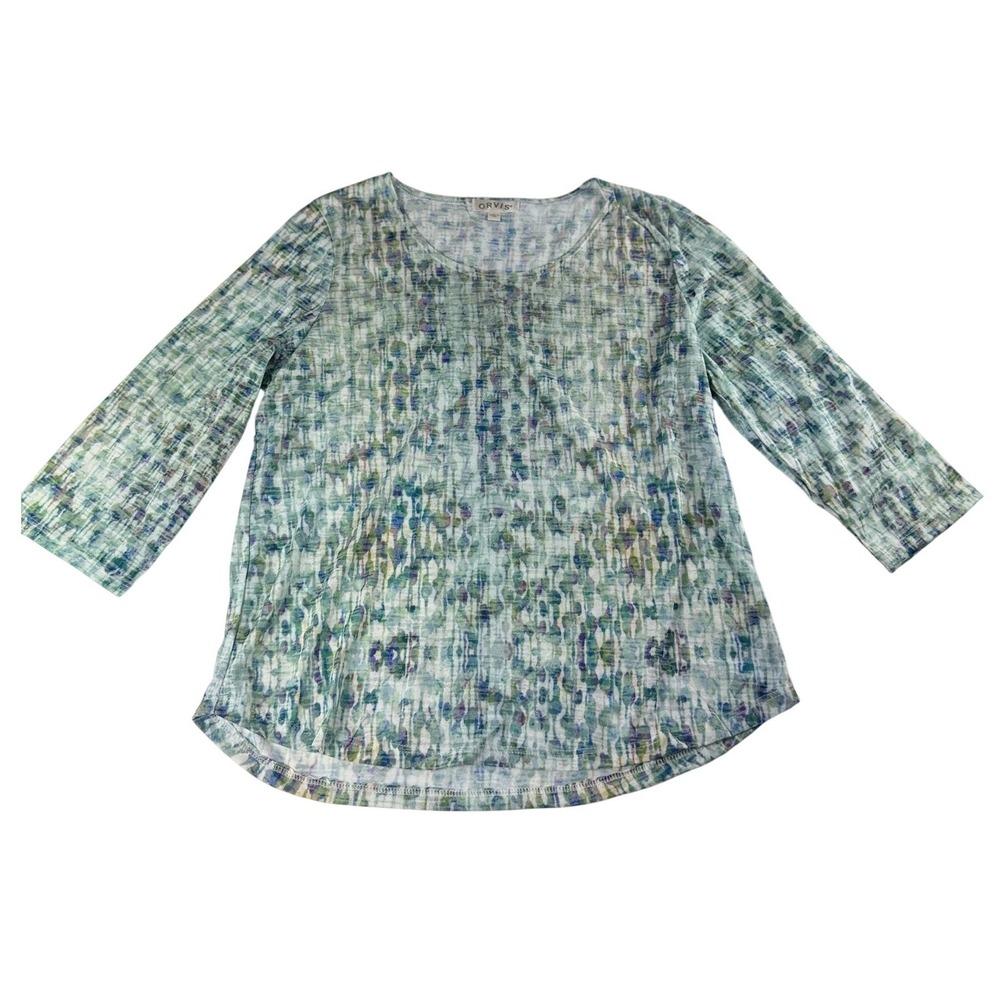 Orvis Womens Large 3/4 Sleeve Scoop Neck Abstract Watercolor Top Green Blue USA - Picture 3 of 7